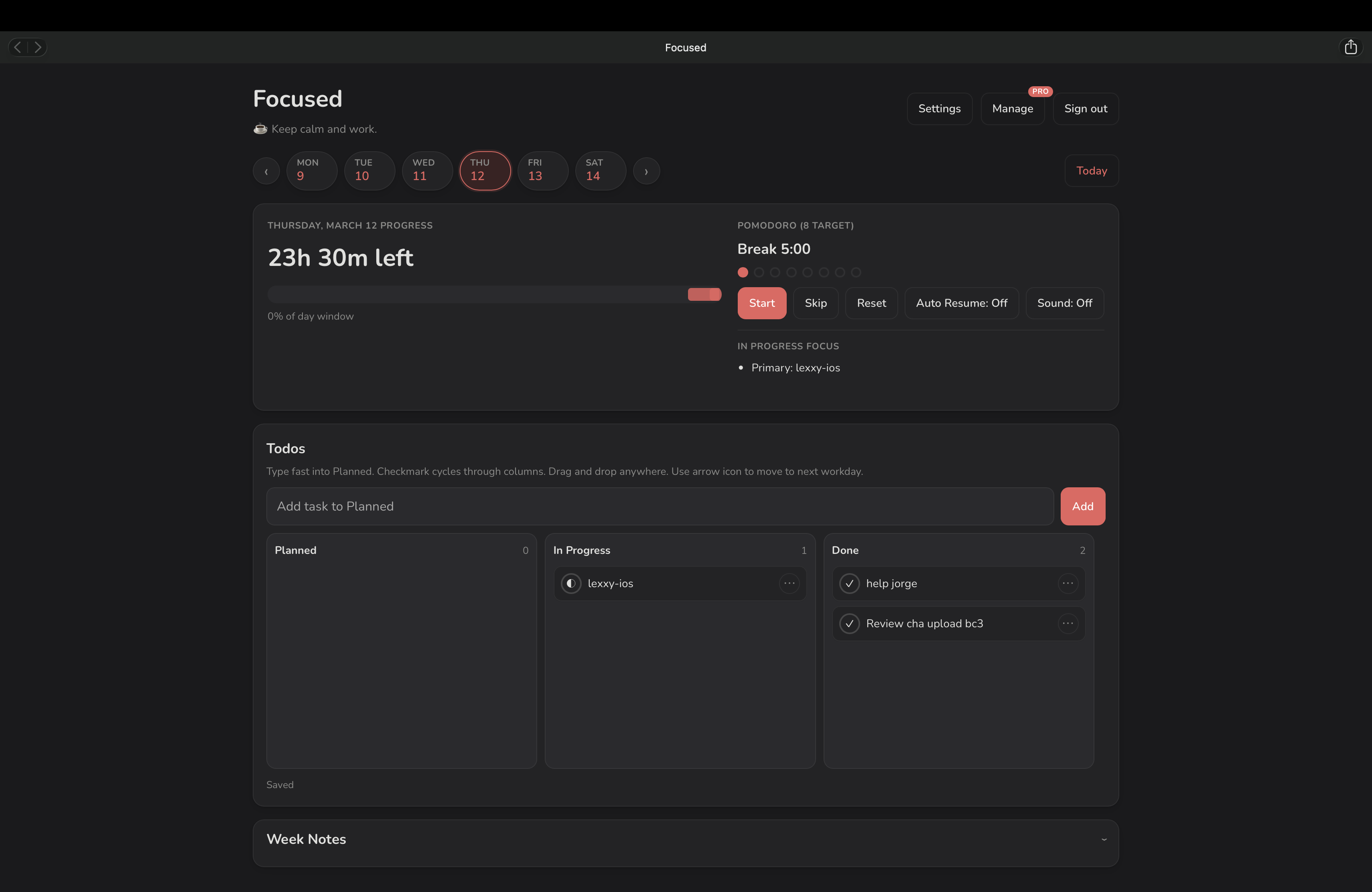 Focused app — kanban board, pomodoro timer, and day progress